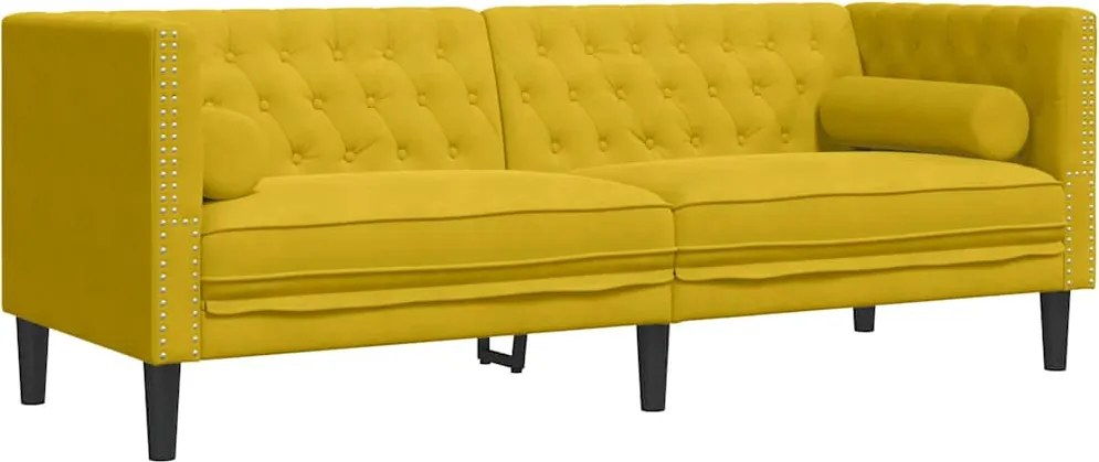 vidaXL 3 személyes sárga bársony Chesterfield kanapé hengerpárnákkal