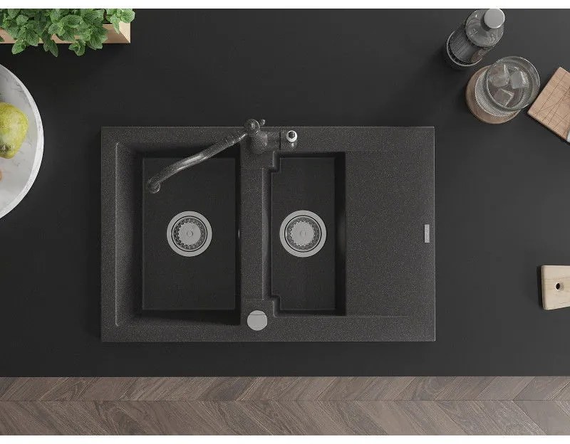 Mexen Gaspar, gránit mosogató 752x436x161 mm, 1,5 kamrás és mosogató csaptelep Carla, fekete foltos, 6507-76-670700-76