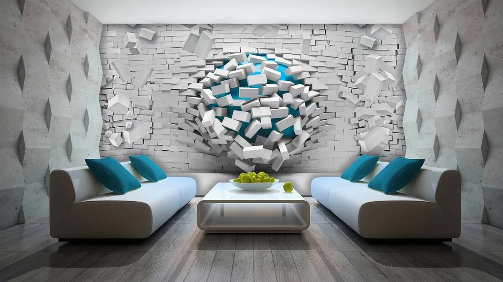 Fotótapéta - 3D kék golyó és fehér téglafal (152,5x104 cm)