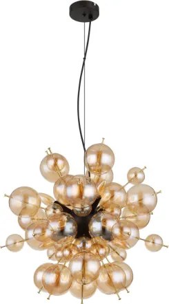 Globo 15633HA Függeszték fém fekete matt, fém arany színű, borostyán színű üveggömbök, fekete PVC kábel, magassága rövidíthető, ø: 550mm, M: 1200mm, üveggömbök átmérője: 24 x 6 cm, 24 x 10 cm, 6x E14 25W 230V izzók nélkül