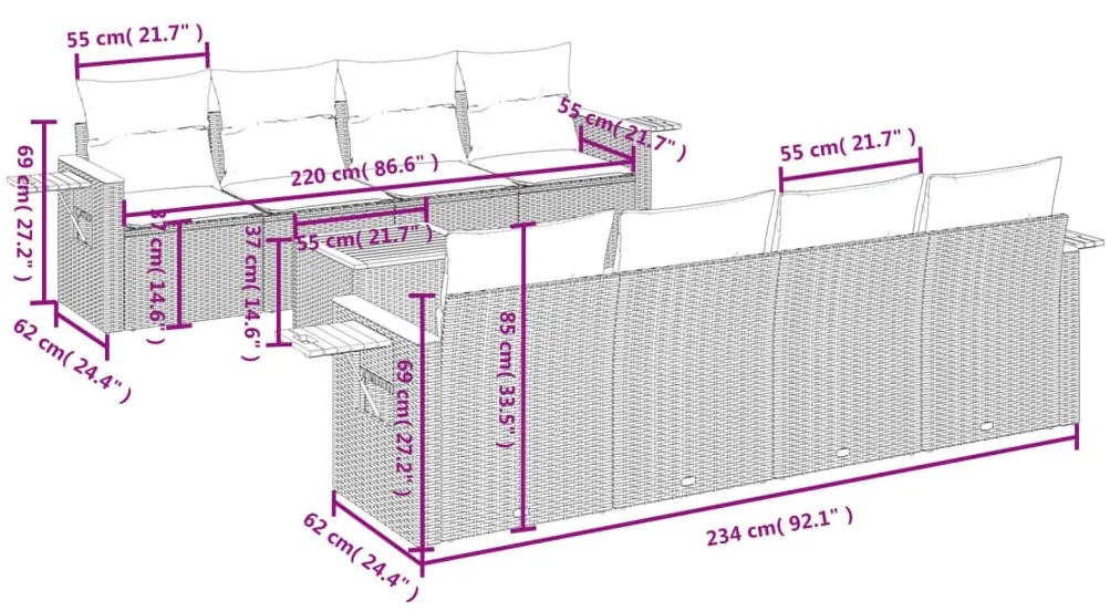 9-részes szürke polyrattan kerti ülőgarnitúra párnákkal