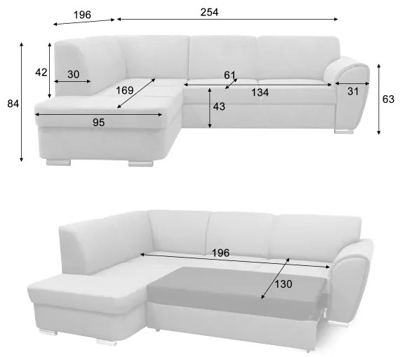 SERPA jobb oldali, kihúzható L-alakú sarokkanapé tárolóval, szürke