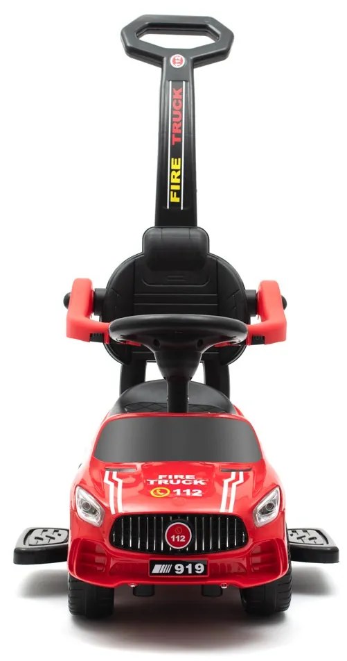 Zenélő bébitaxi vezetőrúddal Baby Mix TŰZOLTÓK piros