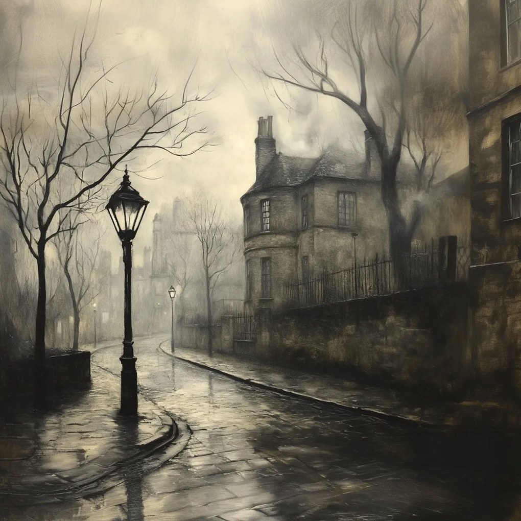 Vászonkép Canvas Ködös London Viktoriánus Utca Világítótornyok 80x80