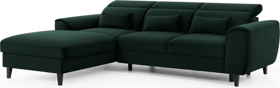 Sötétzöld bársony kinyitható-tárolóhelyes sarokkanapé (bal oldali-heverő résszel) Foble – ELTAP