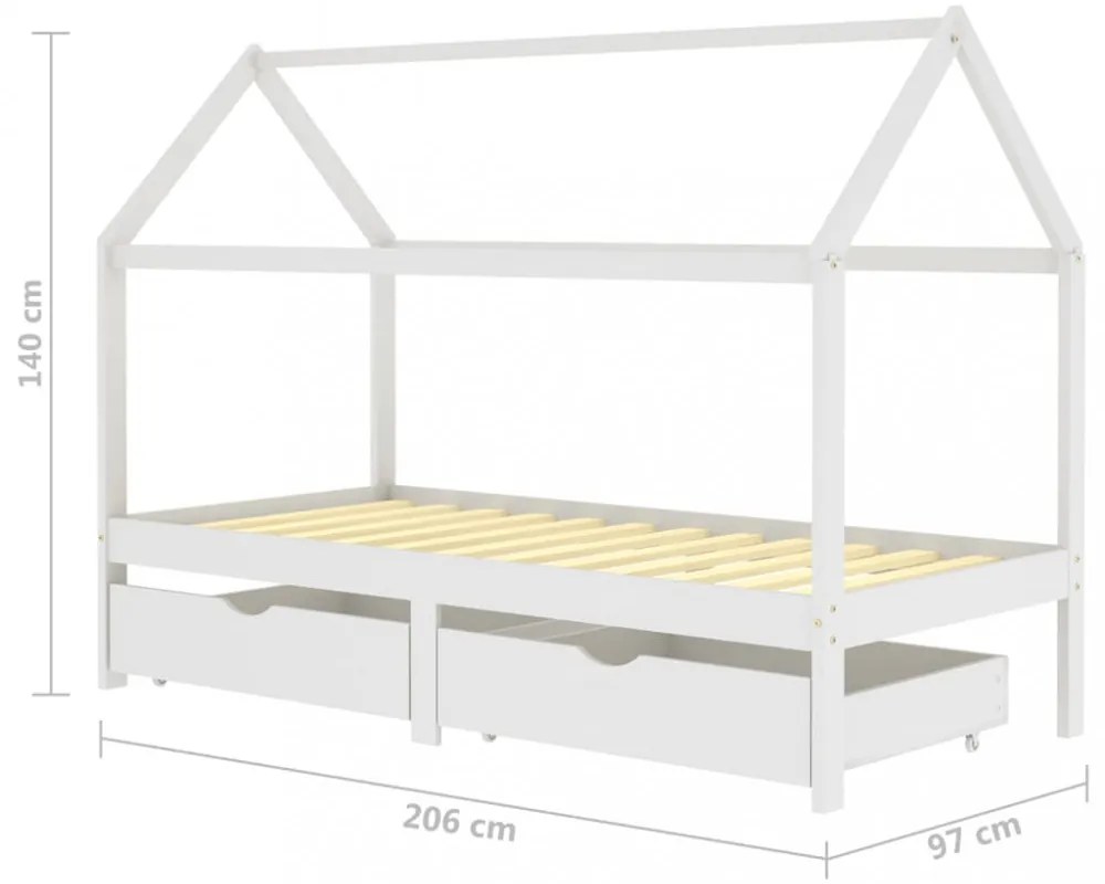 fiókos fehér tömör fenyőfa gyerekágykeret 90 x 200 cm