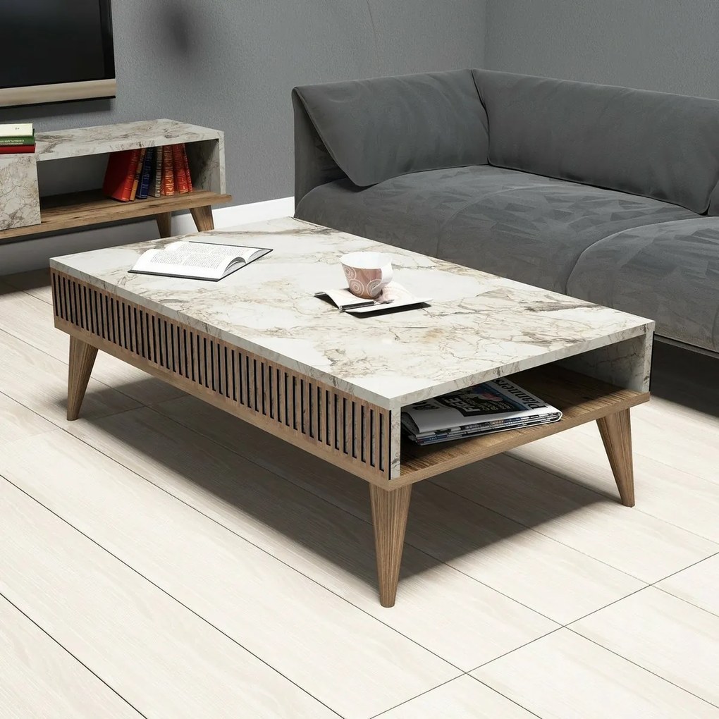 Mila White Marble and Walnut konferenciaasztal
