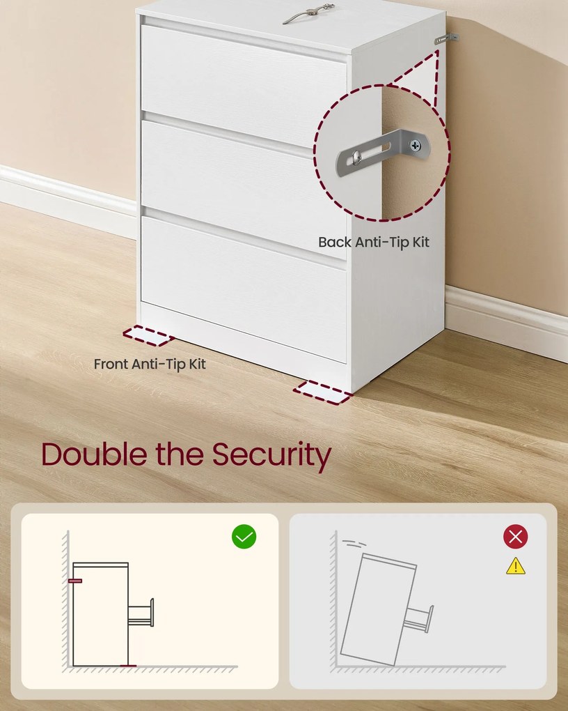 KAILYN kollekció - Modern komód, hófehér fiókos szekrény 3 fiókkal, 40 x 60 x 75 cm