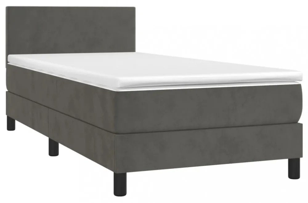 sötétszürke bársony rugós és LED-es ágy matraccal 90x190 cm