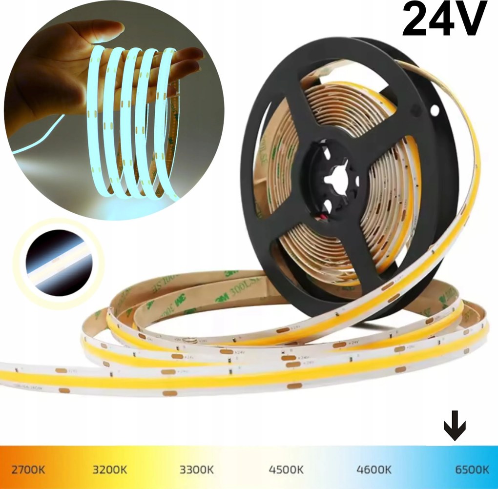 Led szalag Cob 24V 9W-10W/m Hideg Fehér 6000K Pont Nélküli Neon IP20