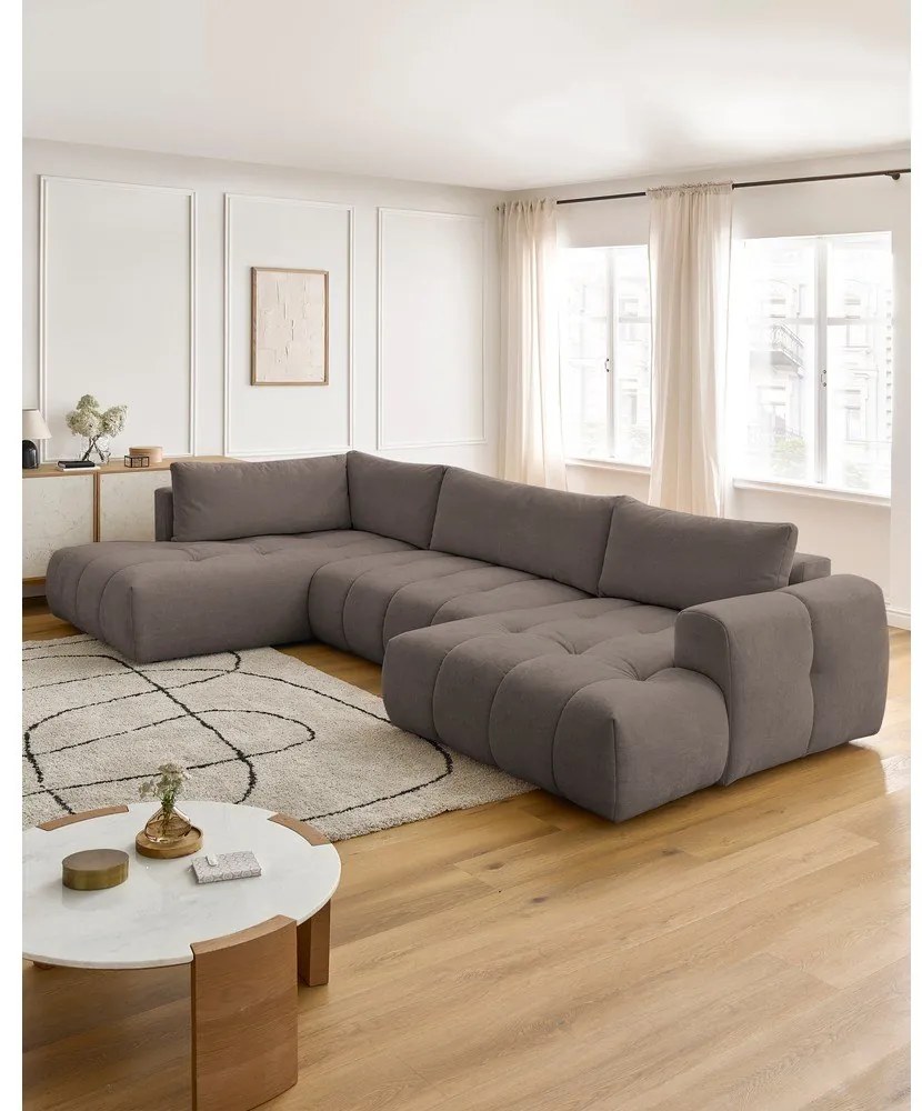 Szürkésbarna kinyitható-tárolóhelyes sarokkanapé (bal oldali-U alakú) Fuji – Bobochic Paris