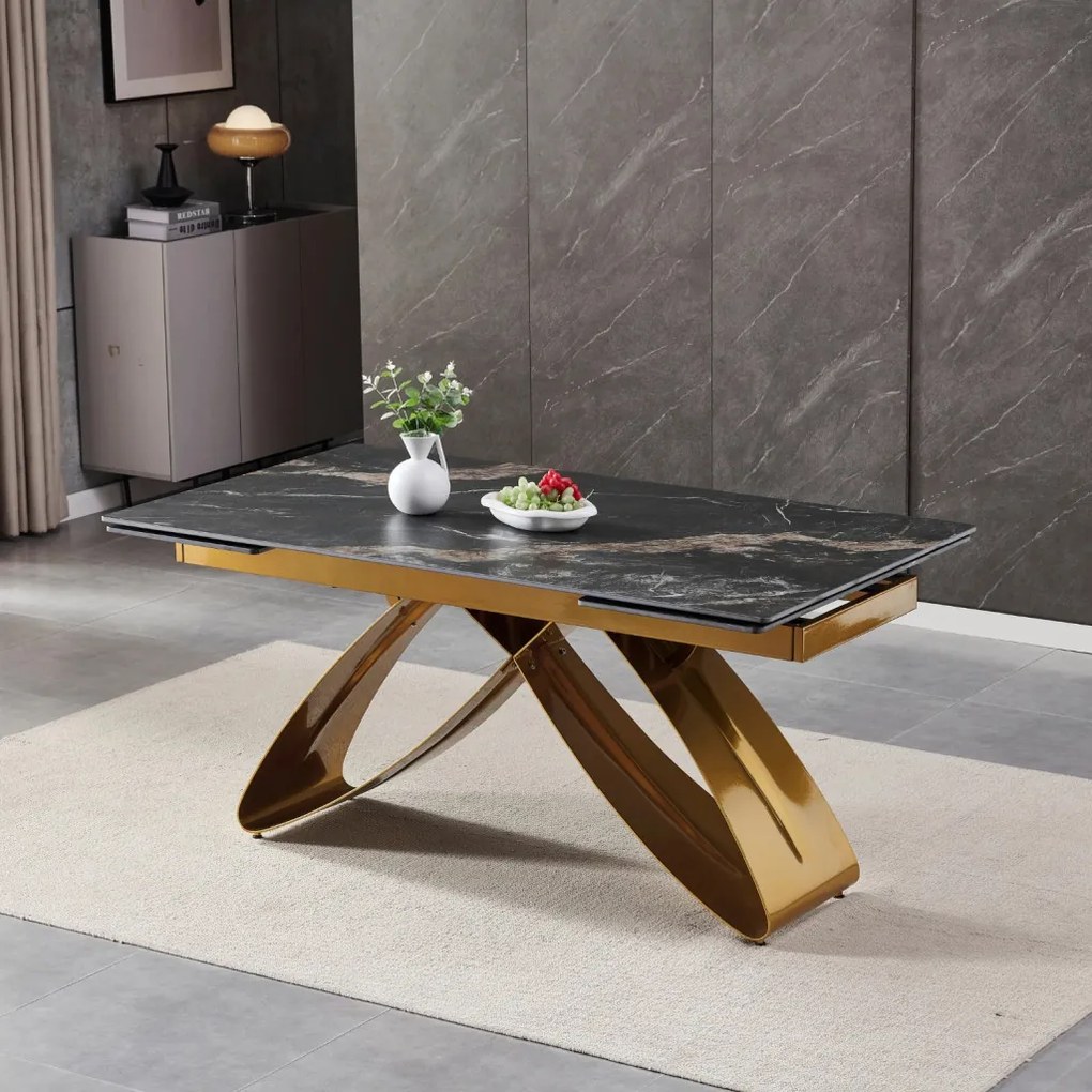 Fekete/Arany Márványhatású Bővíthető Kerámia Asztal Arany Lábbal. LUIGI 160-240 cm