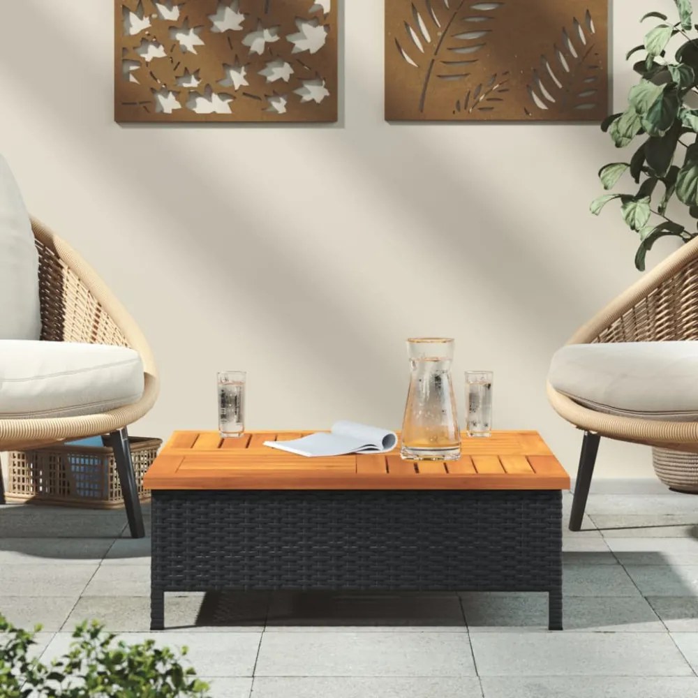 fekete polyrattan és akácfa kerti asztal 70 x 70 x 25 cm