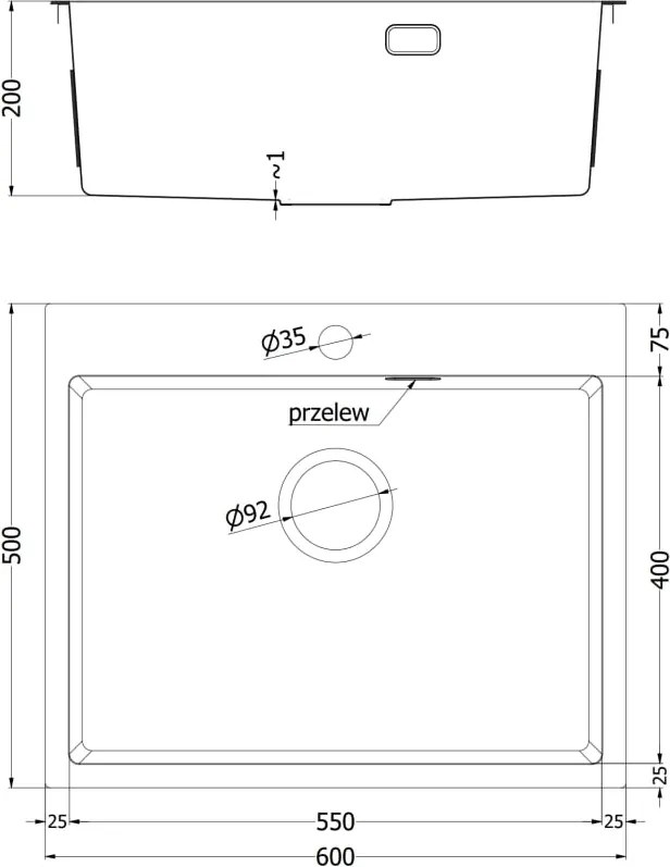 Mexen Solix egykamrás acél mosogató 600 x 500 mm, inox - 6408601000-01