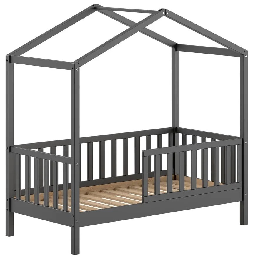 Antracitszürke házikó alakú borovi fenyő gyerekágy ágyráccsal 70x140 cm DALLAS – Vipack