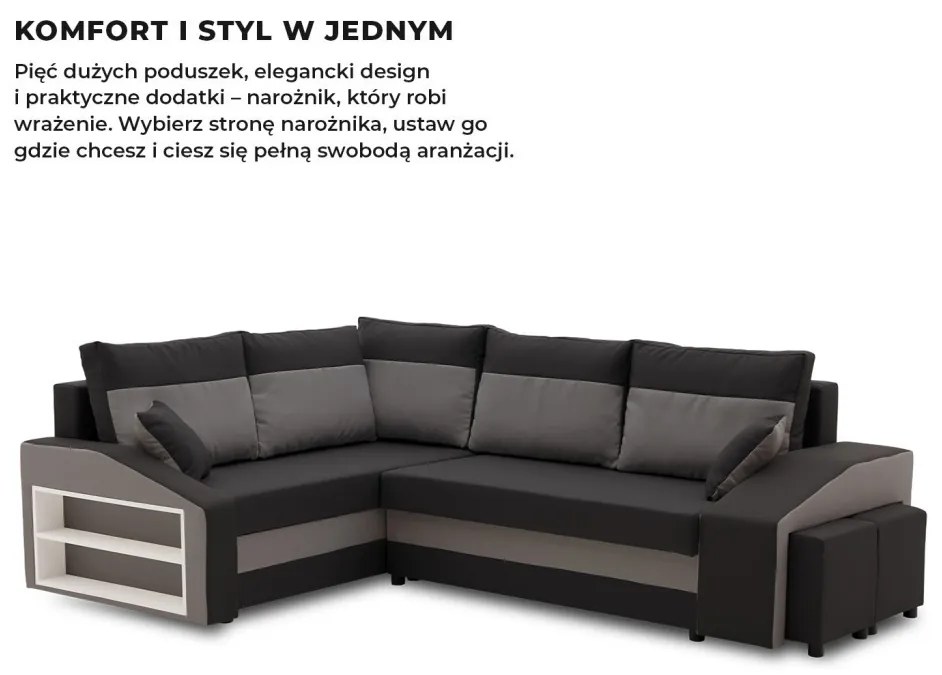 Grande sarokkanapé polcokkal és puffokkal , polc a bal karfaban puffok a jobb karfaban, baloldali, szövet anyag, bonell töltet, fekete - szürke