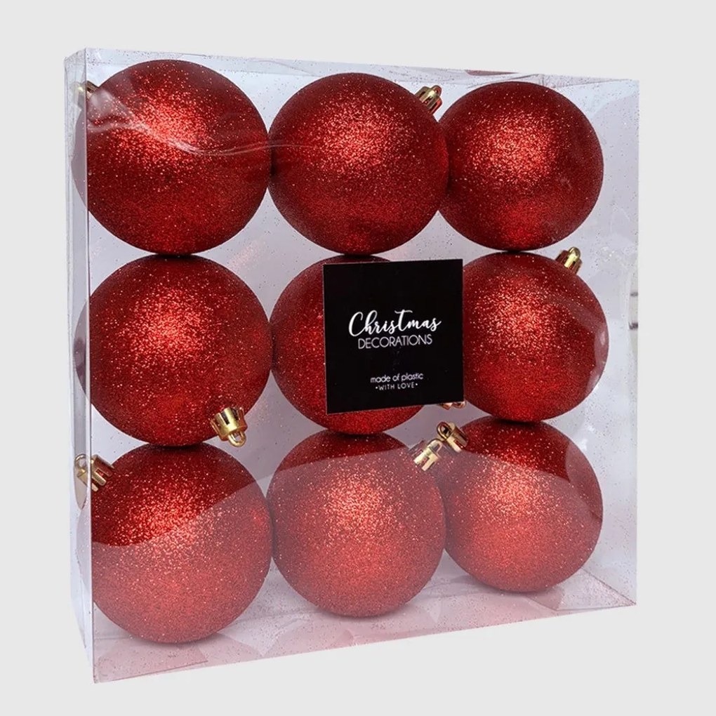 Piros glitteres műanyag karácsonyi gömb szett 8 cm 9 db