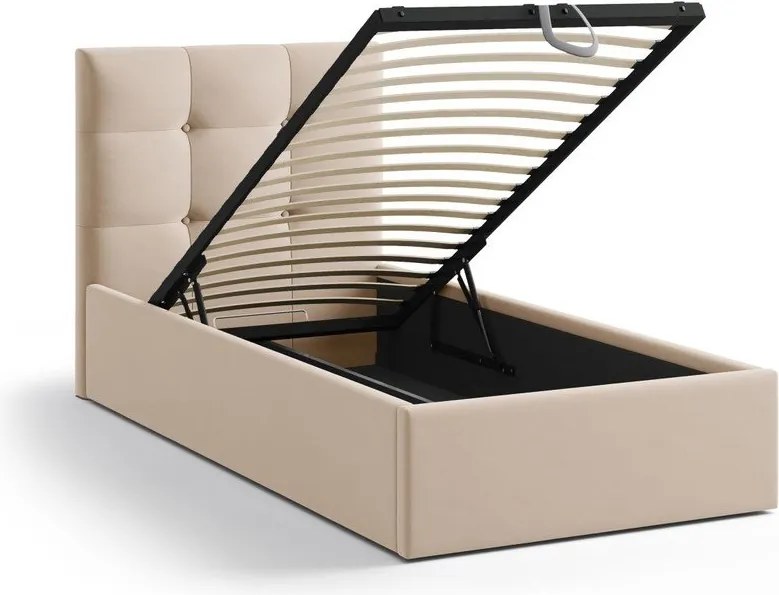 Világosbarna kárpitozott ágyneműtartós egyszemélyes ágy ágyráccsal 90x200 cm Phaedra – Micadoni