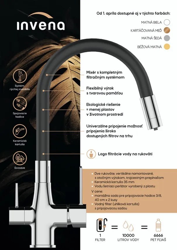 Invena Magic, szabadon álló mosogatócsap flexibilis karral és ivóvízszűrővel, fekete, INV-BZ-08-F04-V