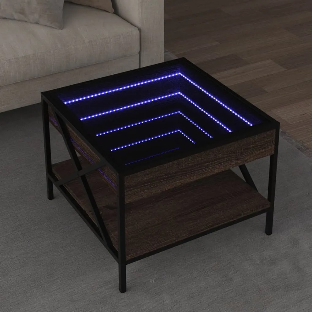 Barna tölgy végtelen hatású LED-es dohányzóasztal 50x50x38 cm