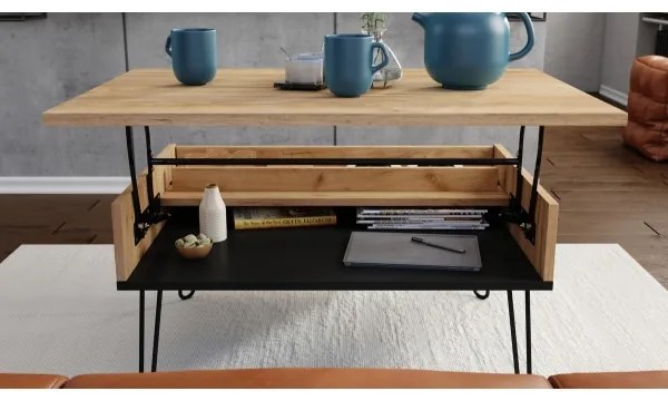 HALIJA dohányzóasztal emelhető asztallappal és polccal, craft tölgy/fekete