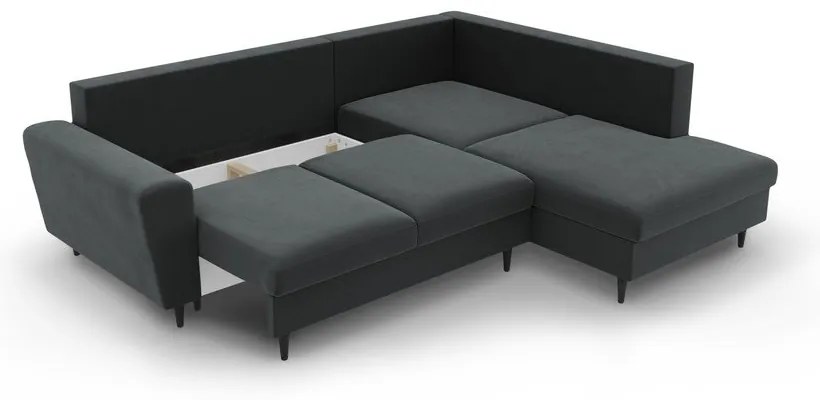 Sötétszürke bársony kinyitható tárolóhelyes sarokkanapé (jobb oldali-L alakú) Kyoto – Cosmopolitan Design