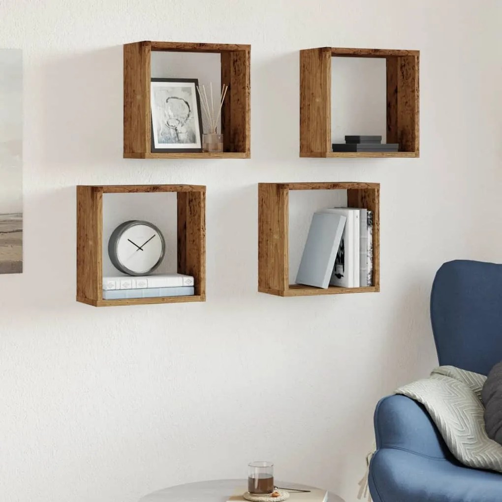 4 db antik fa színű szerelt fa fali kockapolc 30x15x30 cm