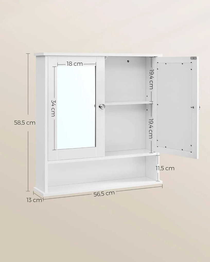 Fali dupla tükrös fürdőszoba szekrény, fehér 56x13x58cm