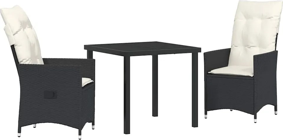 vidaXL Kert étkező szett párnával 3 pcs Fekete polirattan