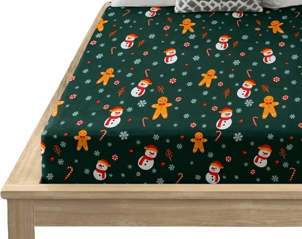SNOWMAN AND GINGERBREAD 180x200 cm zöld mikroszálas lepedő