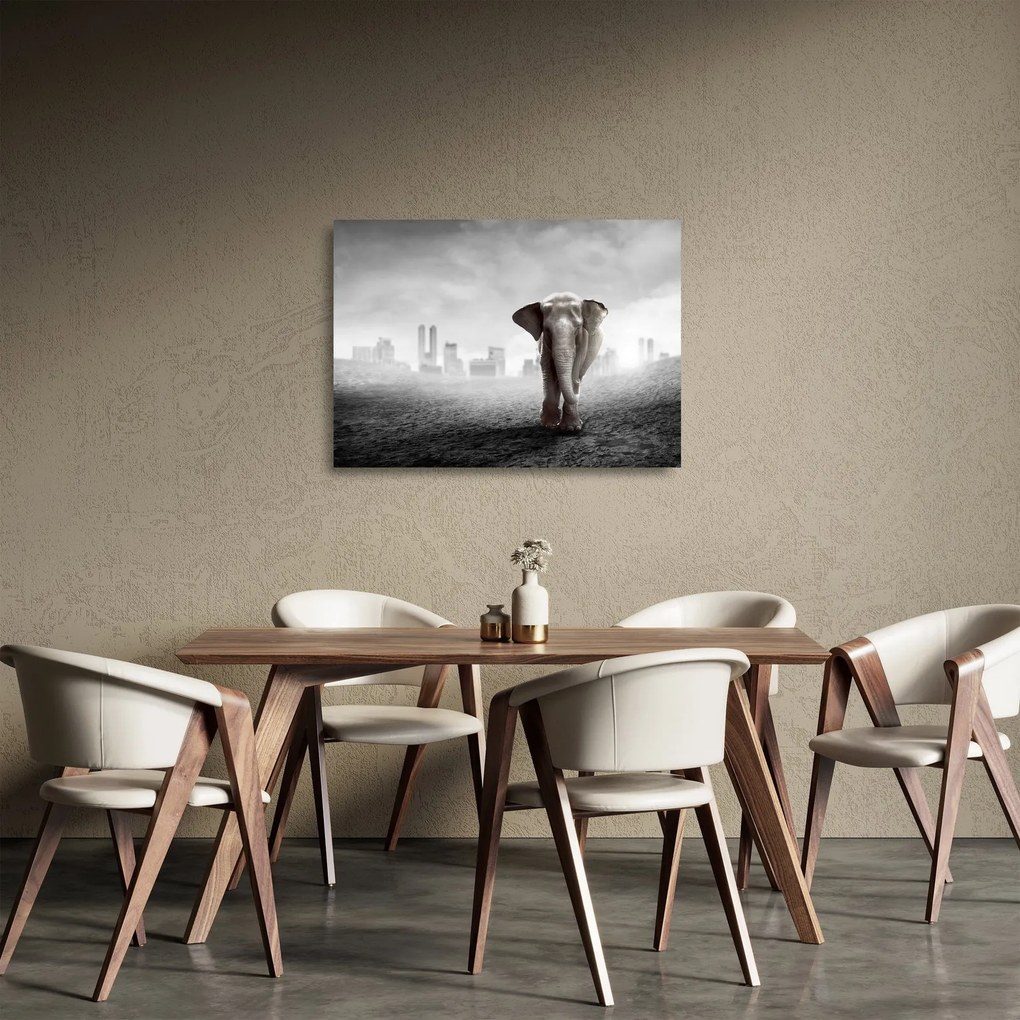 Kép -Elefánt egy nagyvárosban, fekete-fehér változat (üvegen) (70x50 cm)