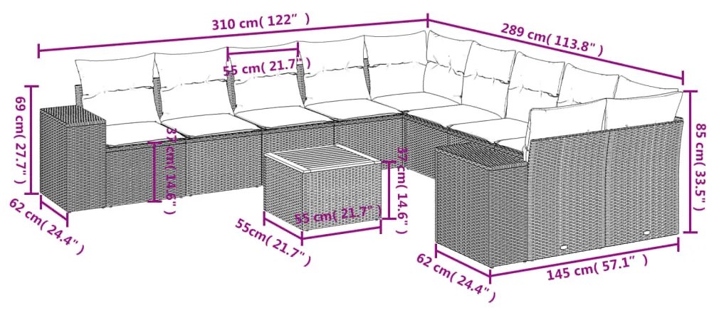 11 részes fekete polyrattan kerti ülőgarnitúra párnákkal