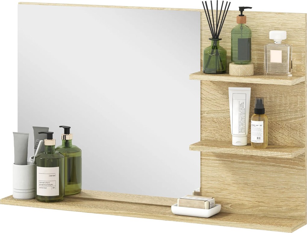 Kleankin Modern Fürdőszobai Tükör 2 Oldalsó Polccal és Alsó Polccal, Fali Tükör MDF-ből és Üvegből, 75x10x48 cm, Fa szín | Aosom