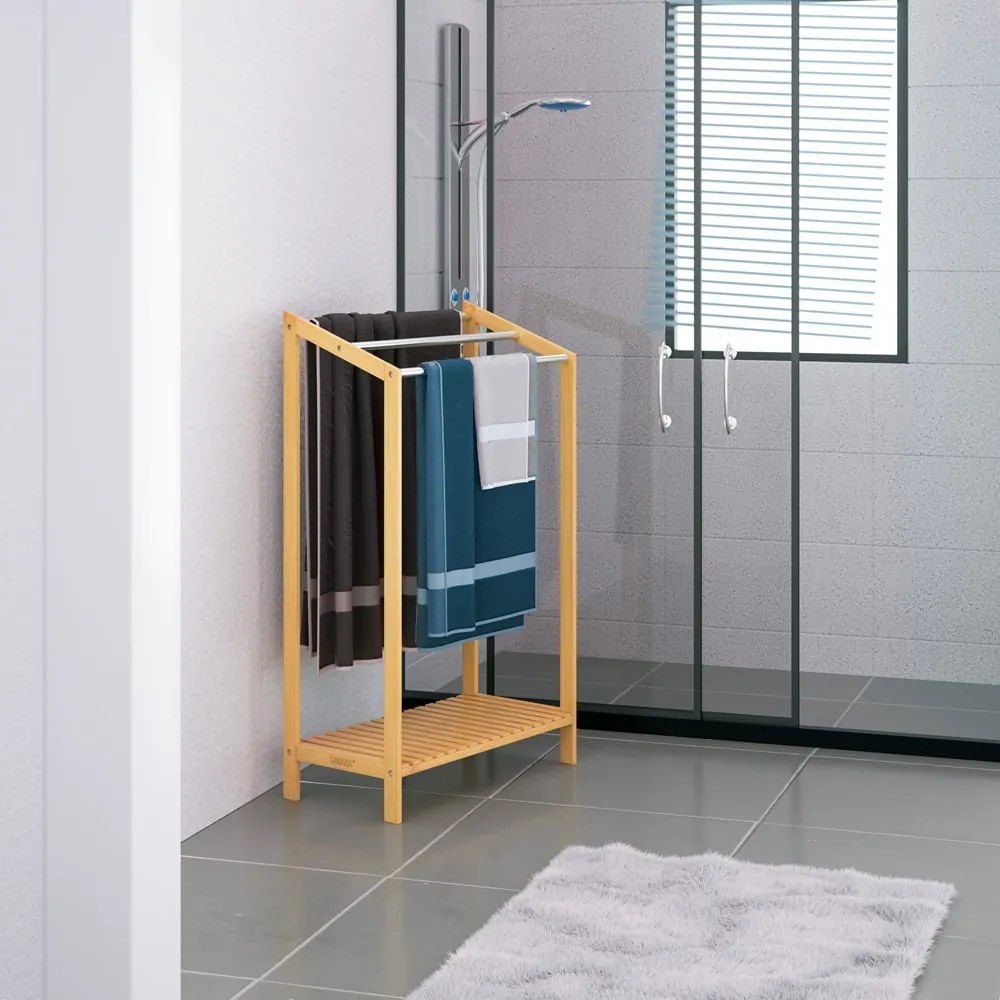 RUBBY bambusz törölközőtartó fém rudakkal és polccal , 51x31x85 cm, barna/ezüst Casaria