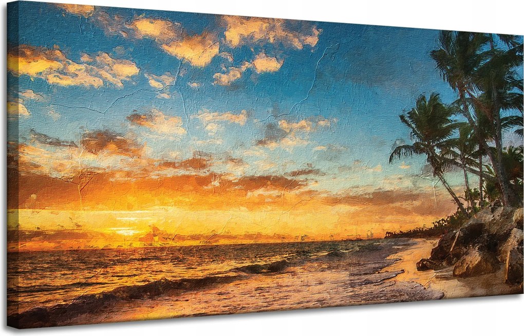 Vászonkép Tengerpart naplemente pálmafák égbolt 120x60 cm