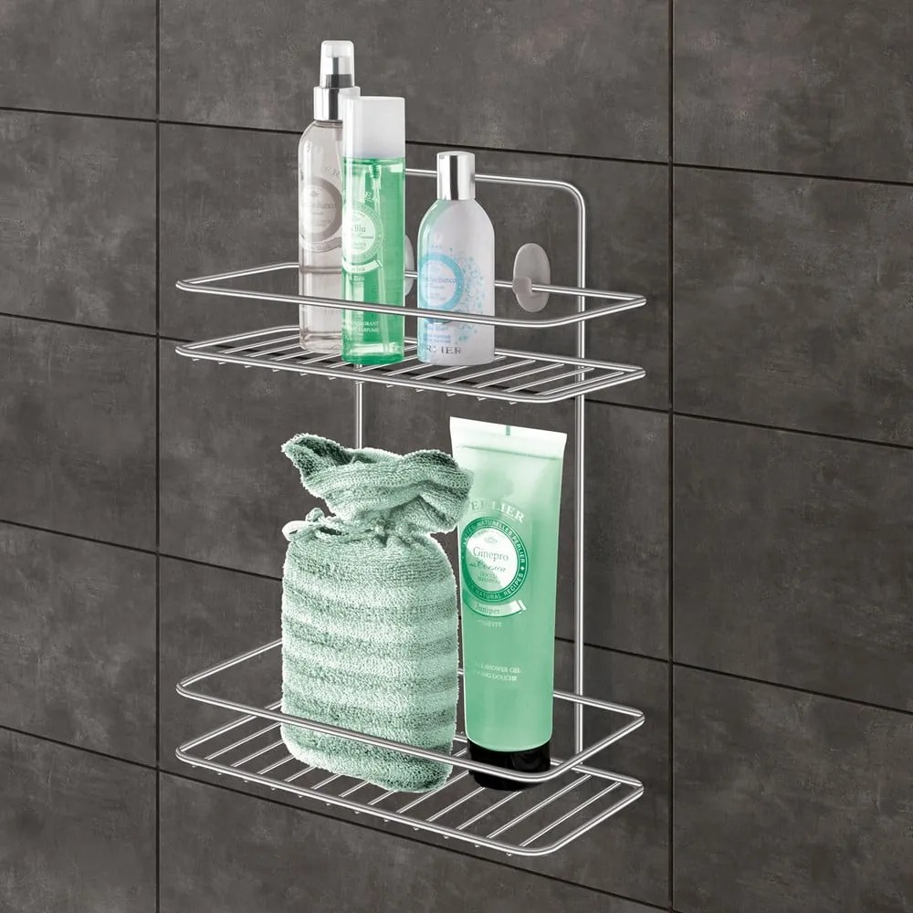 Fényes ezüstszínű függő öntapadós acél fürdőszobai polc Luxy – Metaltex