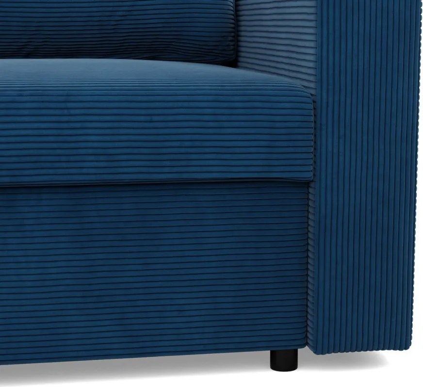 Zeus sarokkanapé, 2 ágyneműtartóval, egyenes kartámasz, kordbársony, univerzális oldal, hab töltet, kék