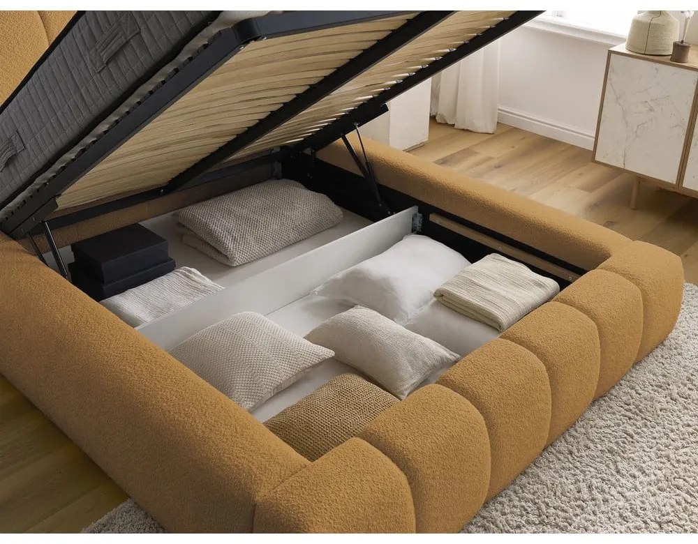 Mustársárga kárpitozott ágyneműtartós franciaágy ágyráccsal 160x200 cm Denali – Bobochic Paris