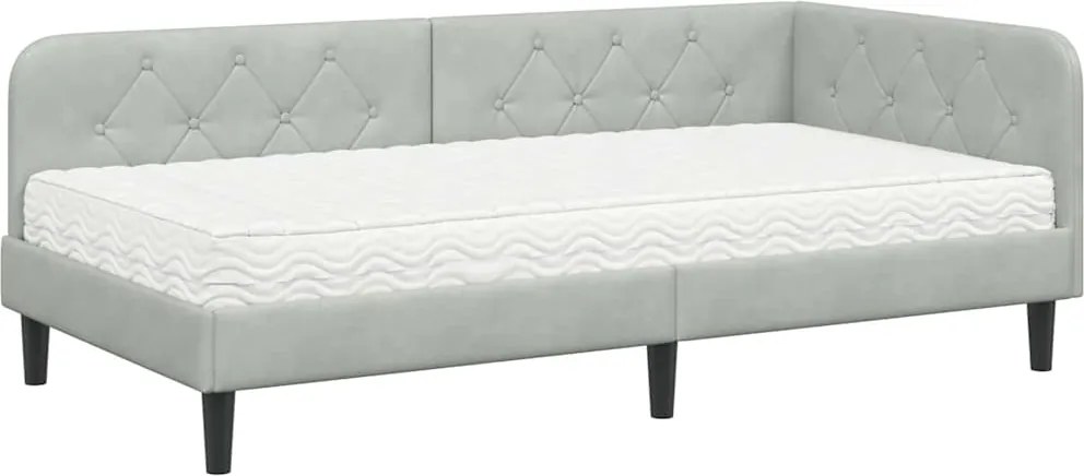 vidaXL Sarokágy keret matracmal Világosszürke 90 x 200 cm Bársony
