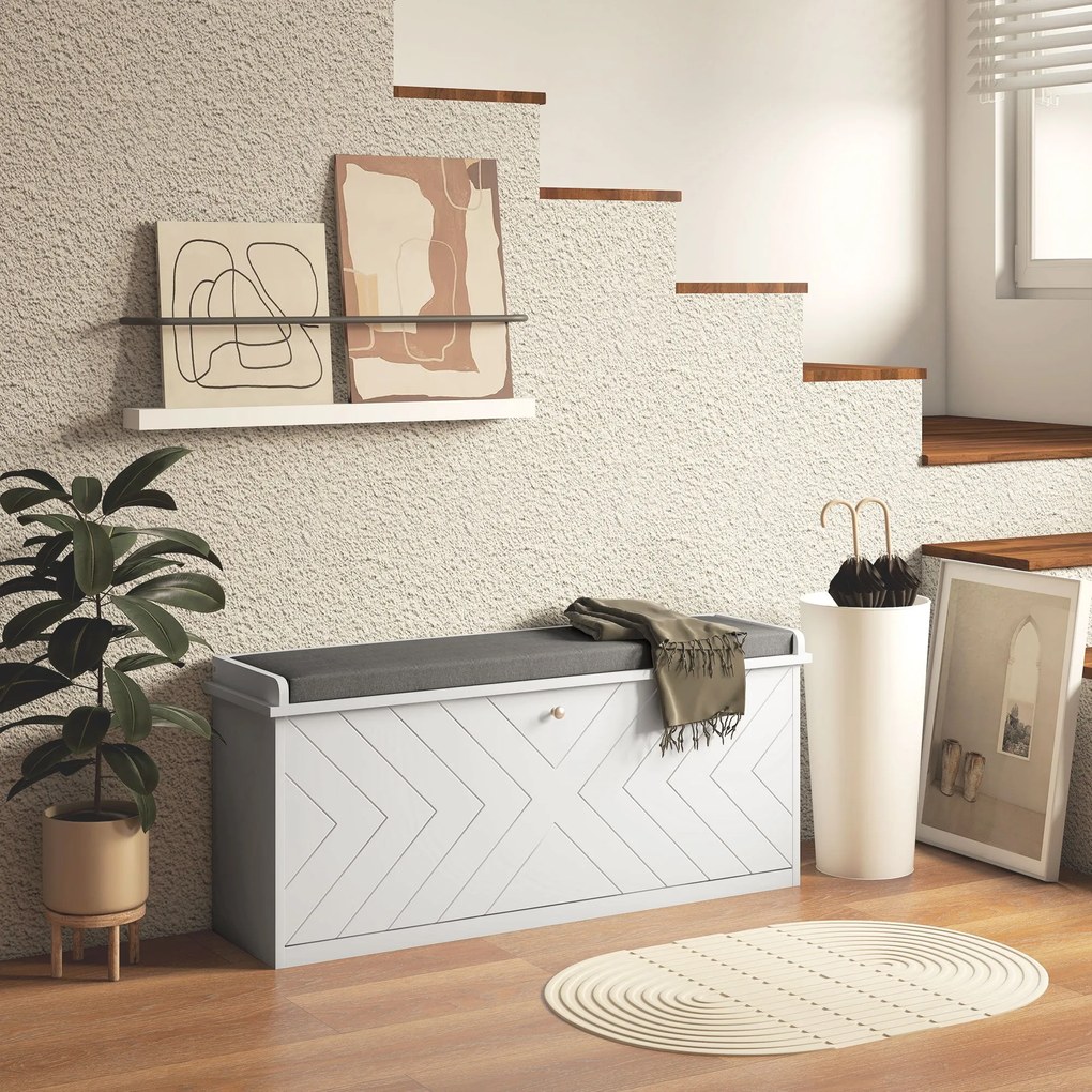 HOMCOM Cipőtároló Pad, Előszoba Bútor Hajtogatható Fiókkal, Ülőpárnával és Állítható Polccal, 100 x 26 x 44,5 cm, Fehér | Aosom