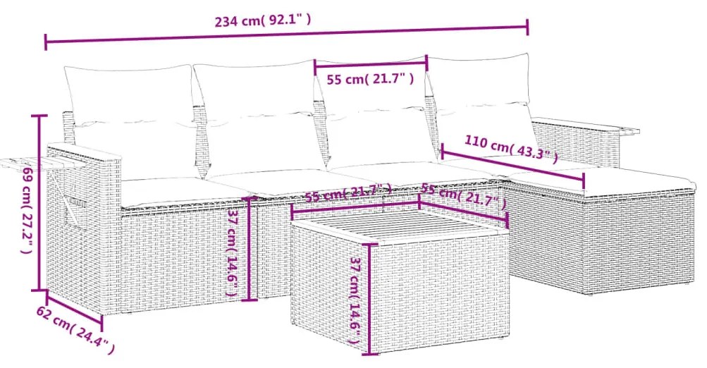 6 részes szürke polyrattan kerti ülőgarnitúra párnákkal