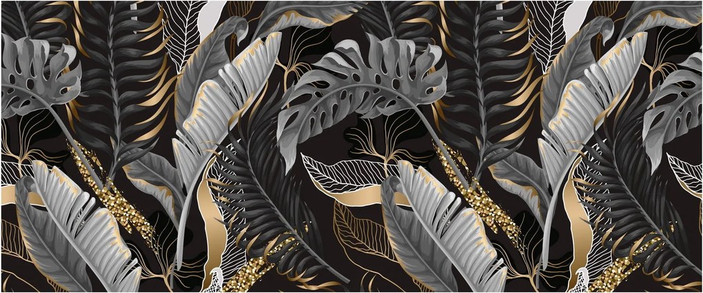 Kép - Trópusi levelek fekete és arany színben (120x50 cm)