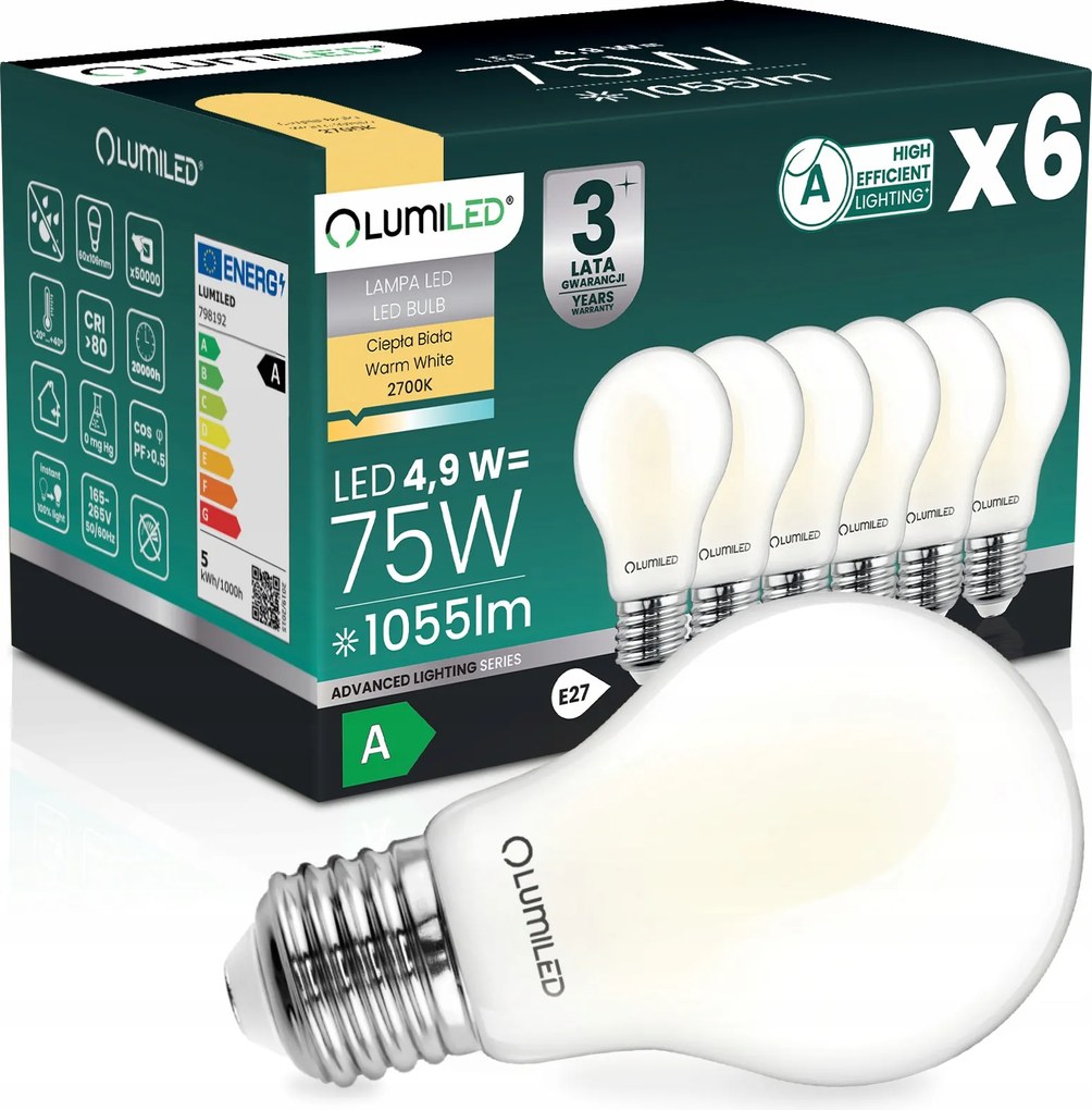 6x Led Izzó E27 Filament A Osztály 4,9W 1055LM 75W 2700K 360° Lumiled
