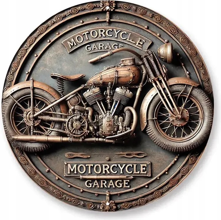 Motorkerékpár Steampunk Kerek fém bádog poszter 20 cm Garázsba