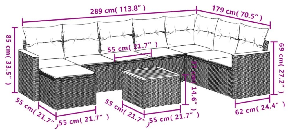 9 részes vegyes bézs polyrattan kerti ülőgarnitúra párnákkal