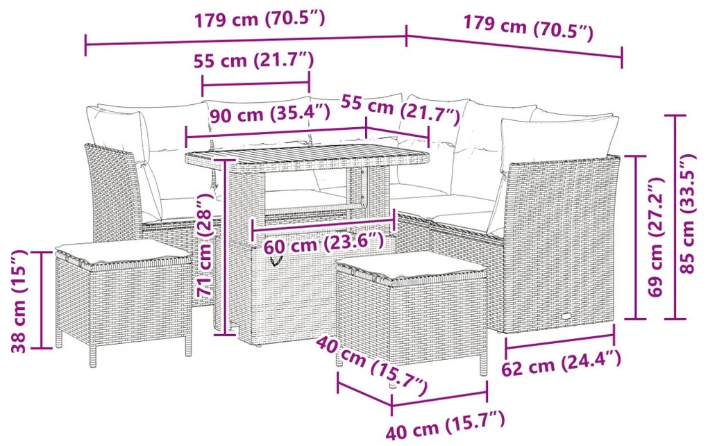 8 darabos kertibútor szett párnákkal szürke poli rattan akáccal, 3 darabos kert étkező szett párnákkal szürke poli rattan akáccal