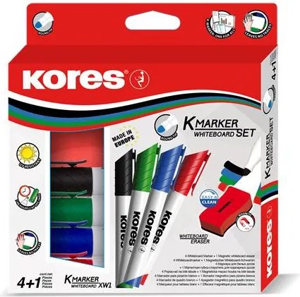 Tábla- és flipchart marker készlet mágneses táblatörlő szivaccsal, 3 mm, kúpos KORES XW1, 4 különböző szín (IK20863)
