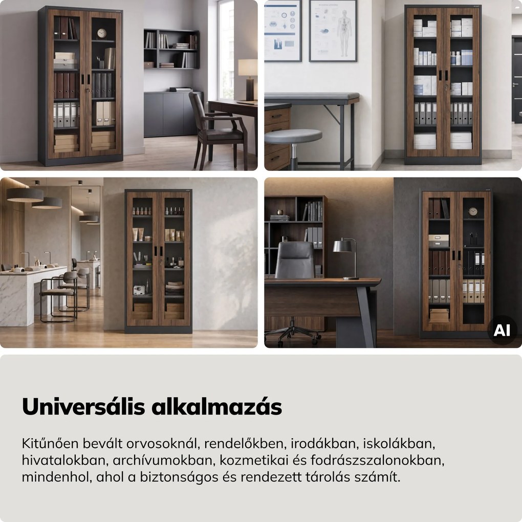 Fém szekrény vitrinnel, antracit, dió, 900x1850x400 mm: AMELIA Eco Design