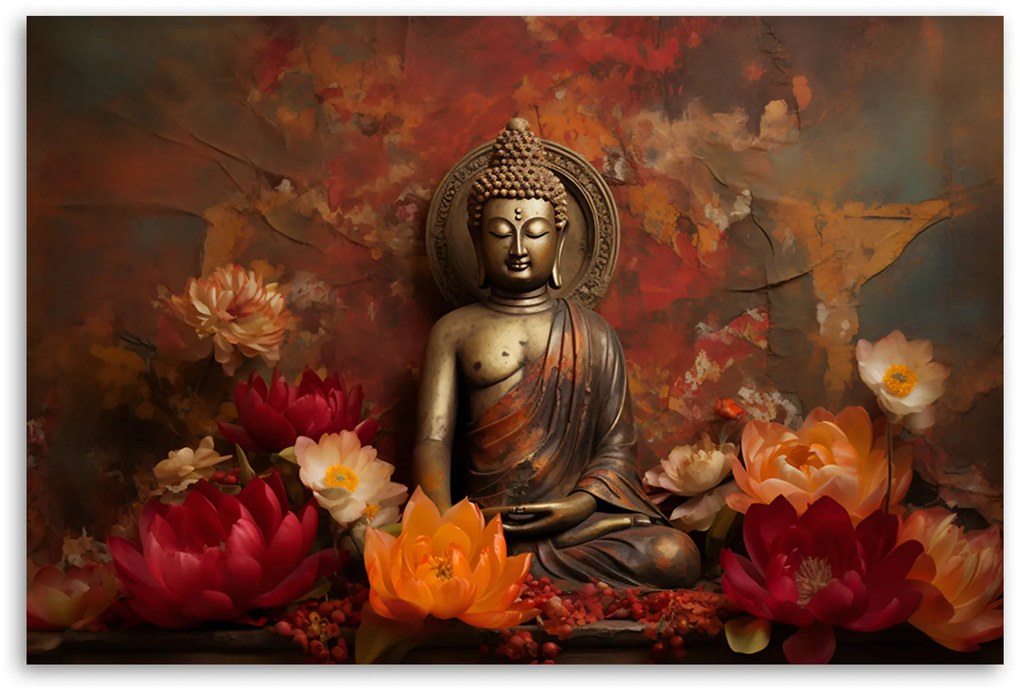 Gario Vászonkép Meditáló Buddha szobor és színes virágok Méret: 120 x 80 cm