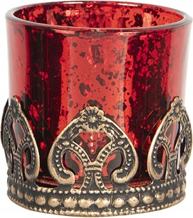 Piros üveg teamécsestartó fém díszítéssel -ø 5*5 cm 5x